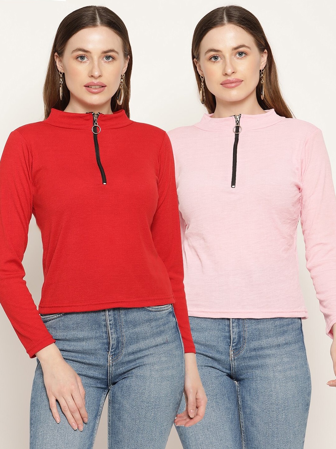 

Miaz Lifestyle Pack Of 2 Red & Pink Solid Regular Tops