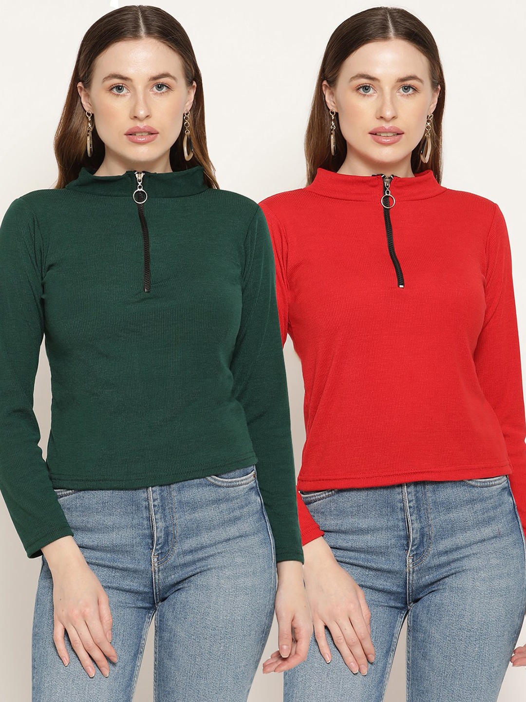 

Miaz Lifestyle Pack Of 2 Red & Green Solid Regular Tops