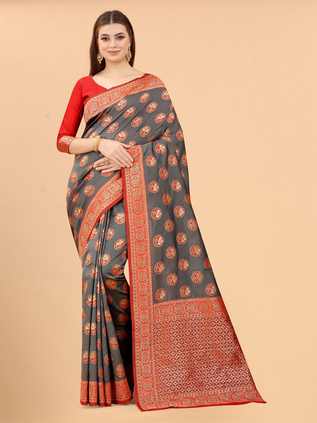 

WELL WORN Grey & Red Woven Design Zari Silk Cotton Banarasi Saree