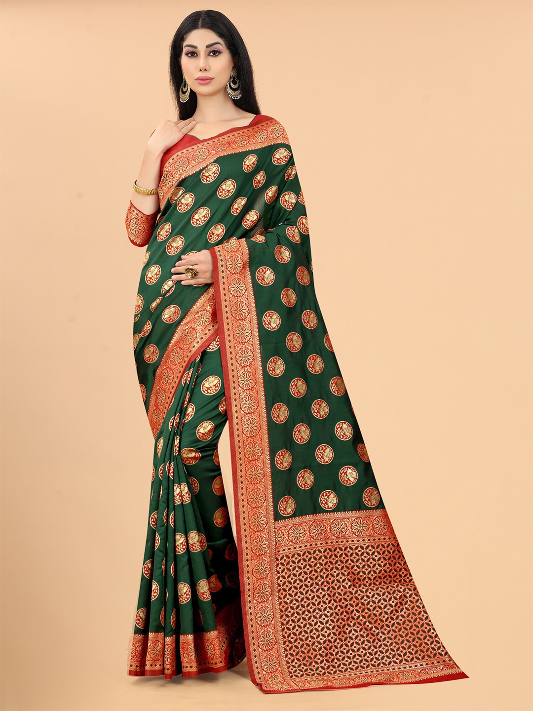 

WELL WORN Green & Red Woven Design Zari Silk Cotton Banarasi Saree
