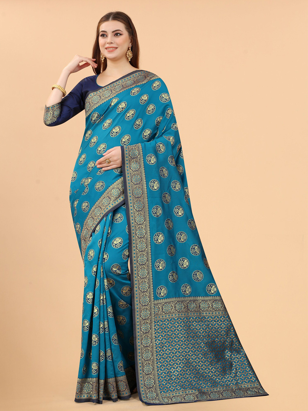 

WELL WORN Blue & Gold-Toned Woven Design Zari Silk Cotton Banarasi Saree