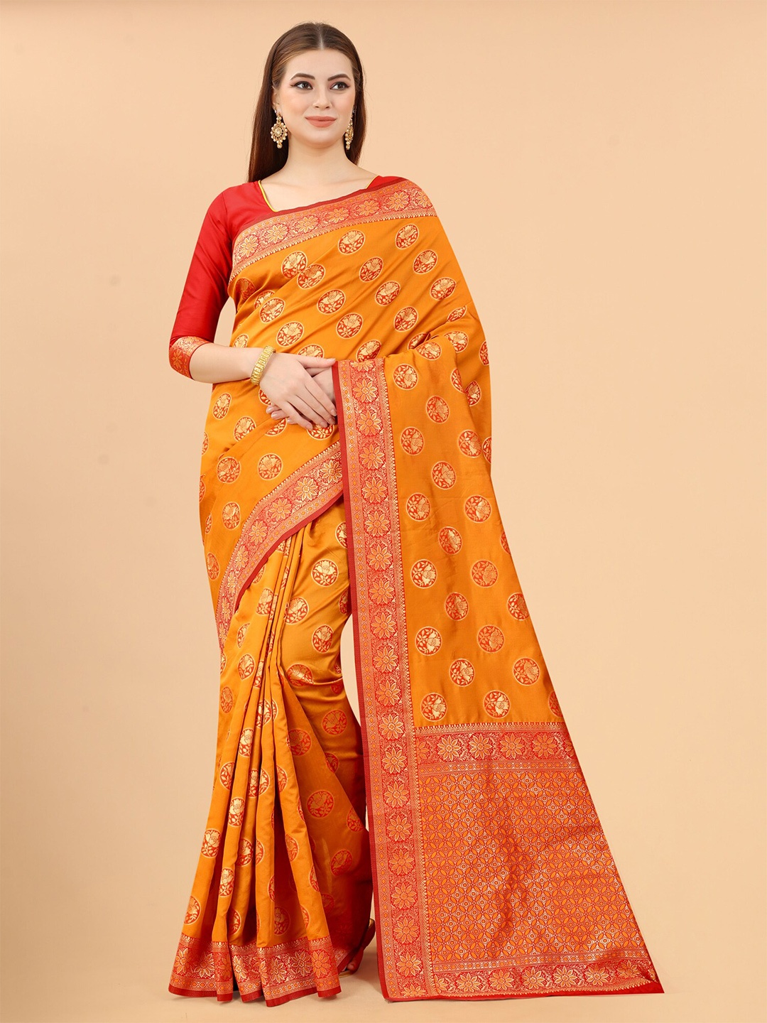 

WELL WORN Orange & Red Woven Design Zari Silk Cotton Banarasi Saree