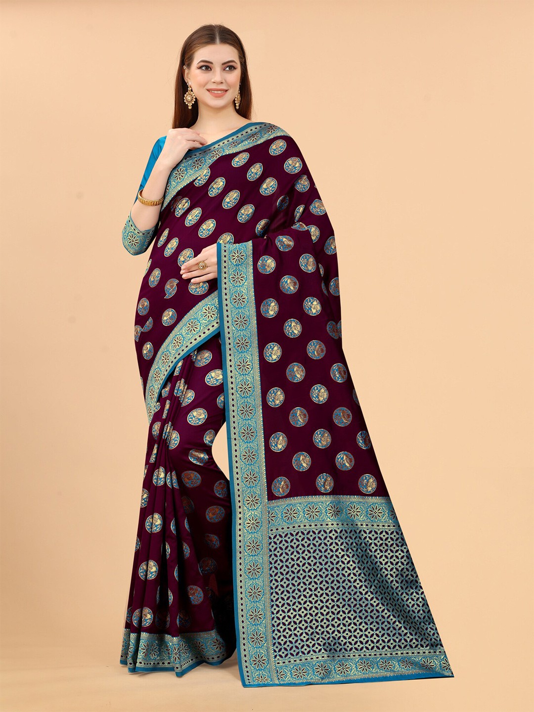 

WELL WORN Purple & Blue Woven Design Zari Silk Cotton Banarasi Saree