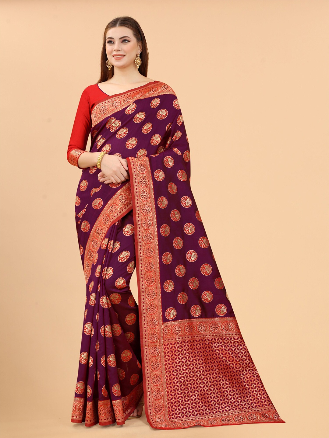 

WELL WORN Maroon & Red Woven Design Zari Silk Cotton Banarasi Saree