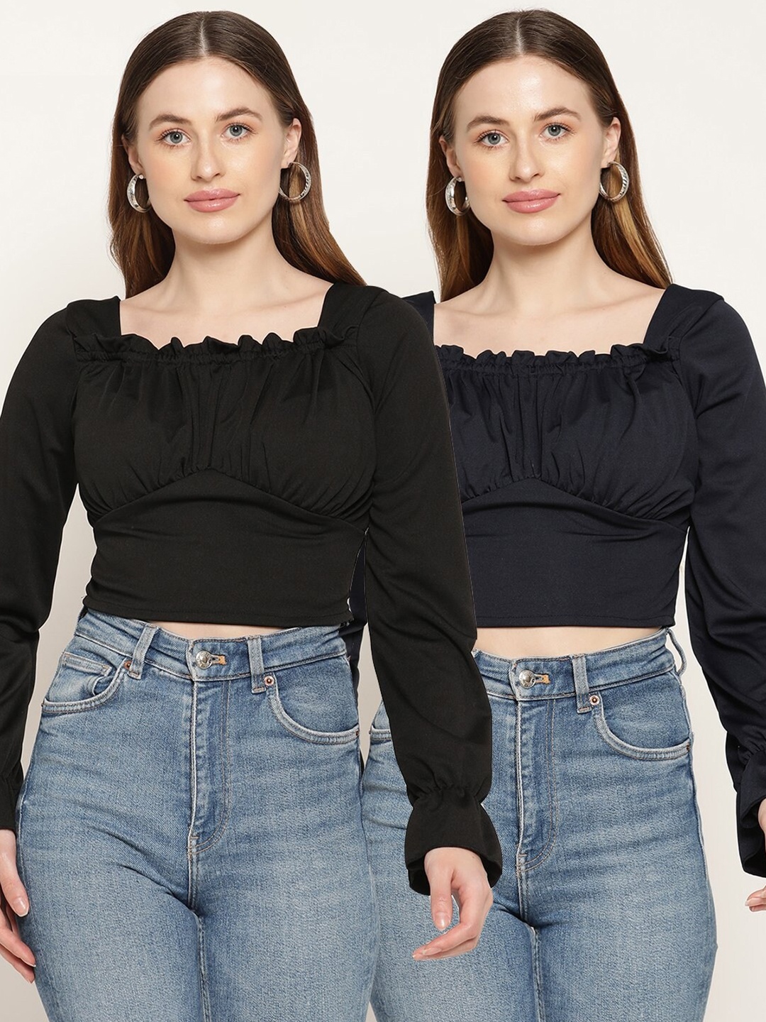 

Miaz Lifestyle Women Black & Navy Blue bell sleeves design Crop Top