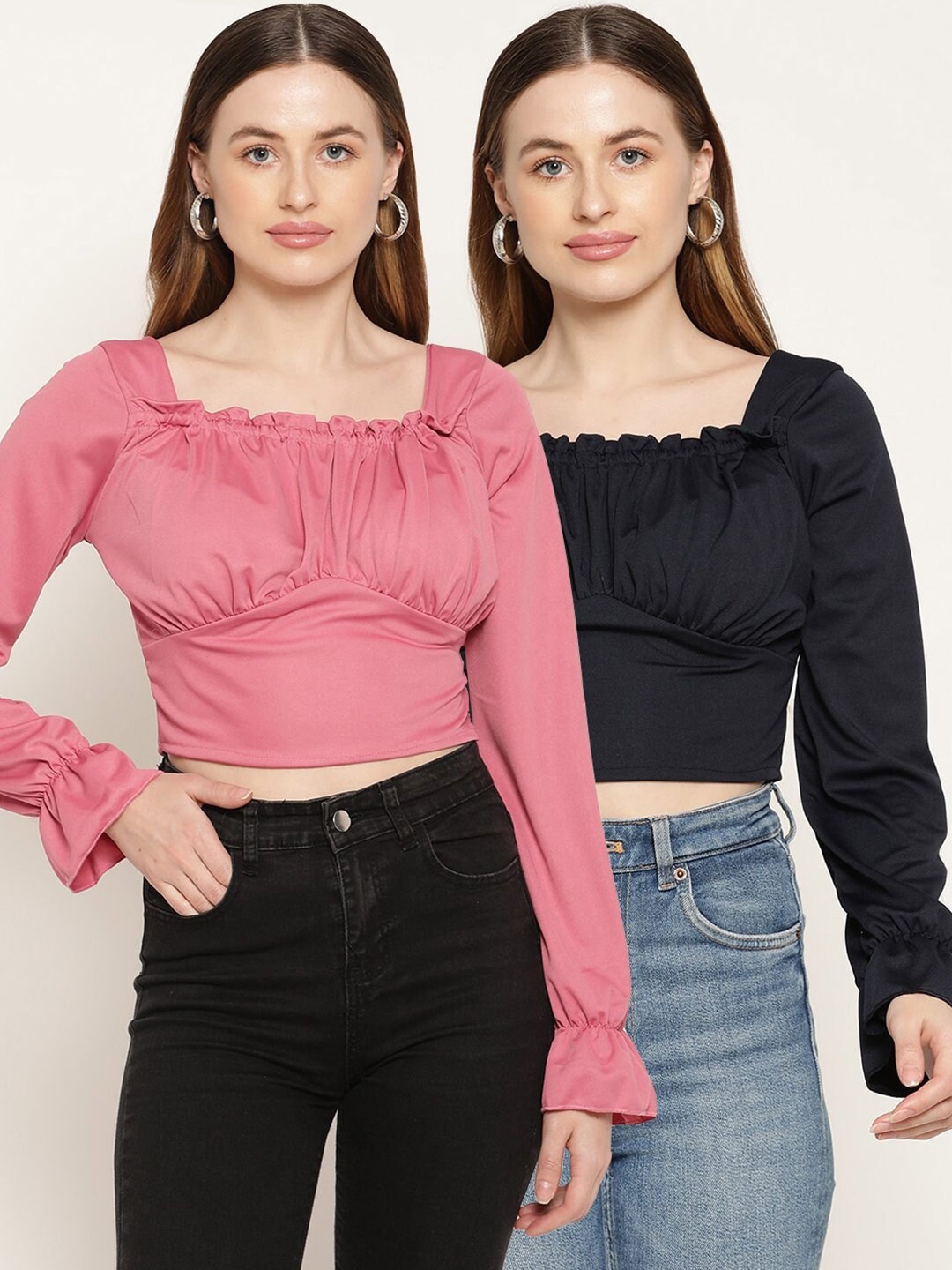 

Miaz Lifestyle Pack Of 2 Pink& Black Gathered Crop Top
