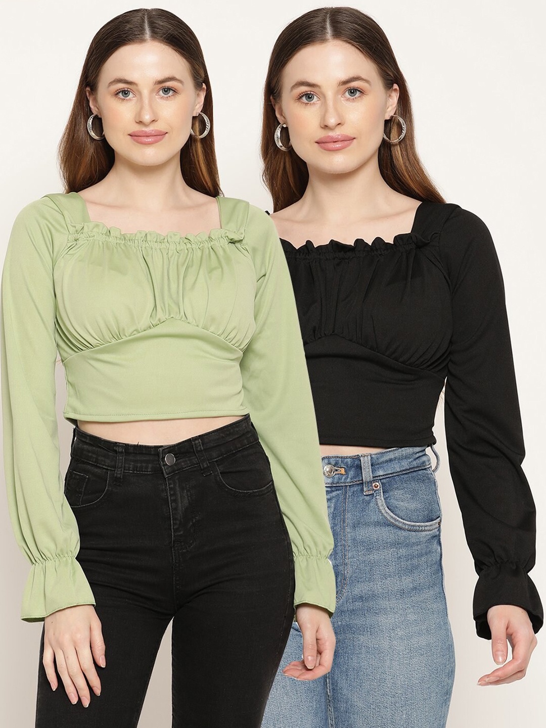 

Miaz Lifestyle Black & Green Bishop Sleeves Crop Top