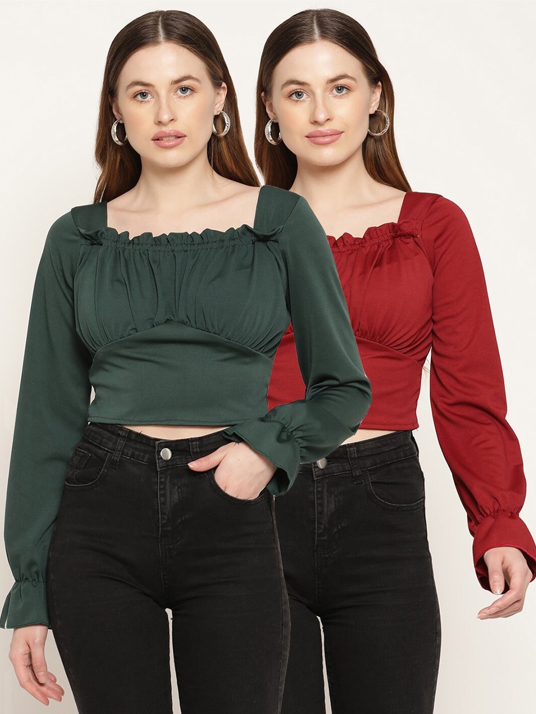 

Miaz Lifestyle Pack Of 2 Green & Maroon Crop Top