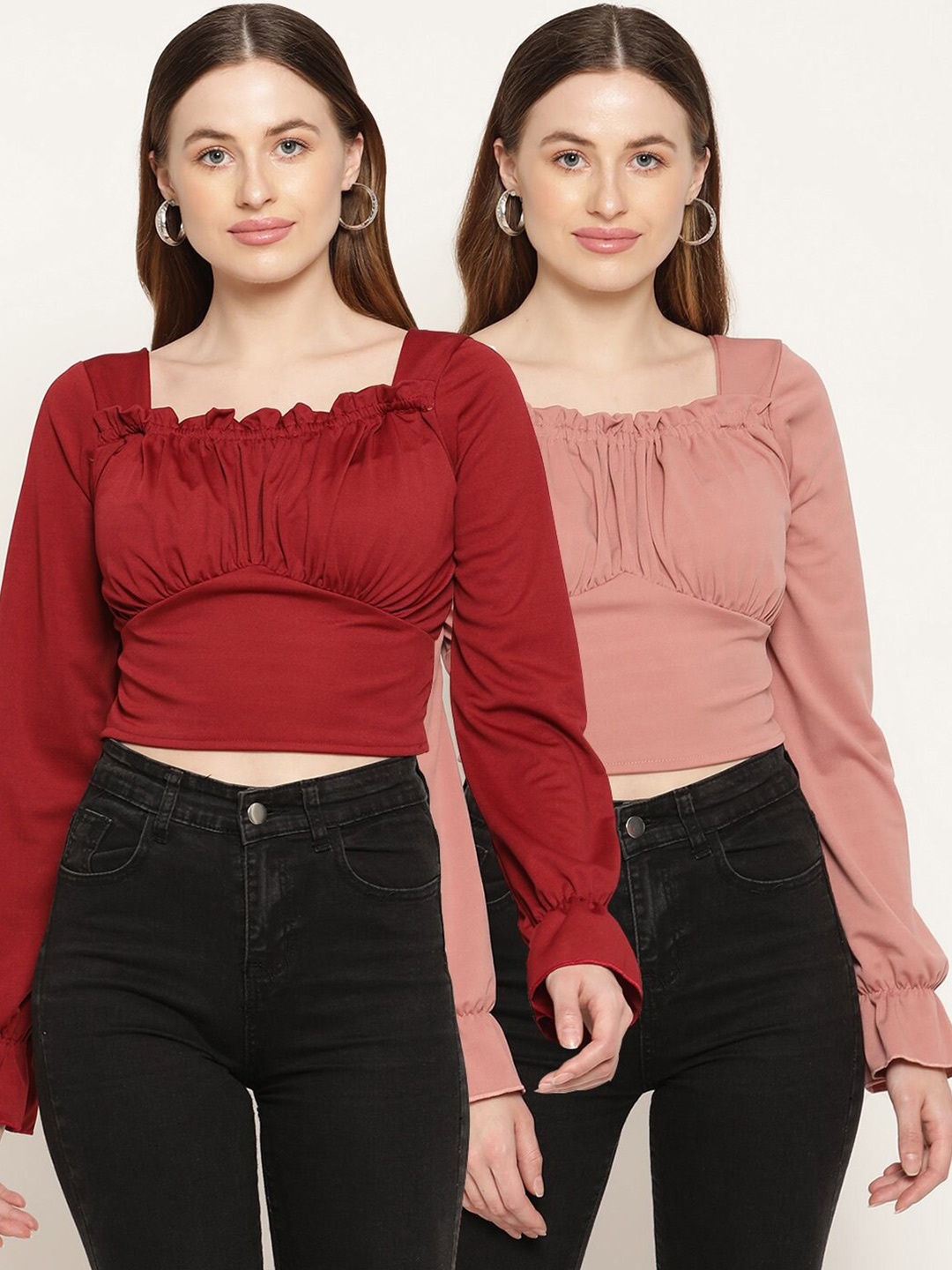 

Miaz Lifestyle Pack Of 2 Peach & Maroon Solid Crop Tops