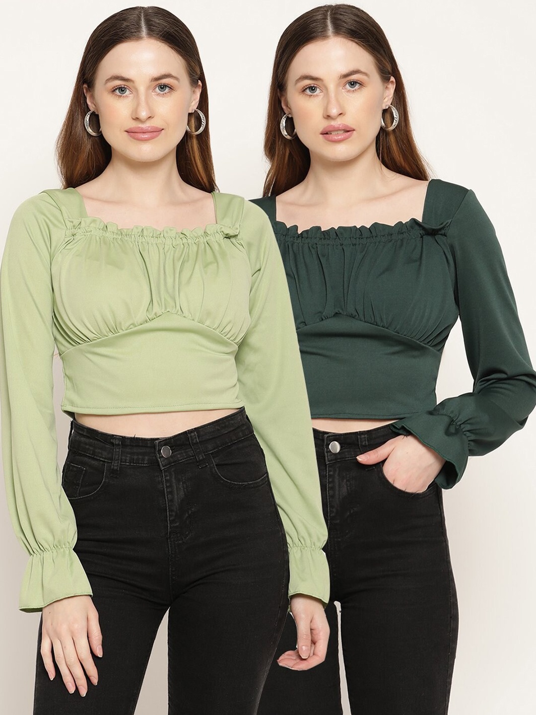 

Miaz Lifestyle Women Green Ruffle Crop Top Pack Of 2