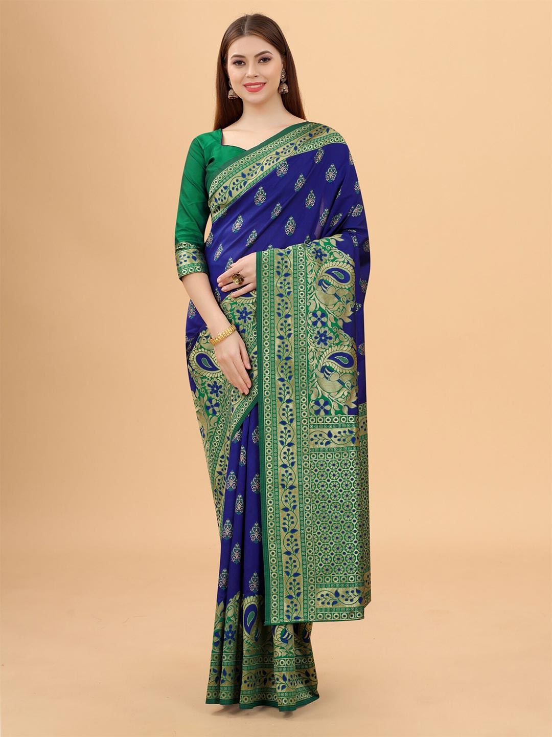 

WELL WORN Blue & Green Woven Design Zari Silk Cotton Banarasi Saree