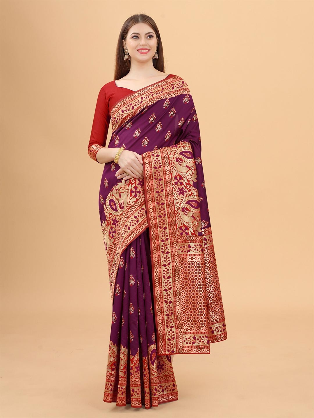 

WELL WORN Magenta & Red Woven Design Zari Silk Cotton Banarasi Saree