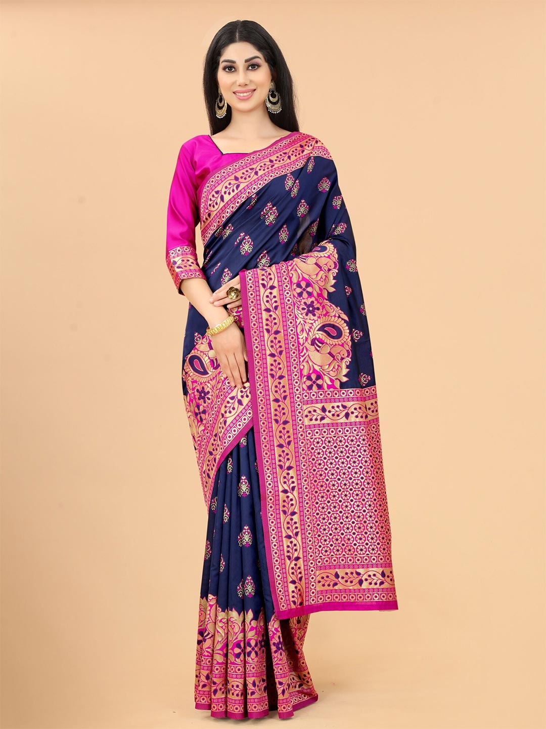 

WELL WORN Navy Blue & Pink Woven Design Silk Cotton Banarasi Saree