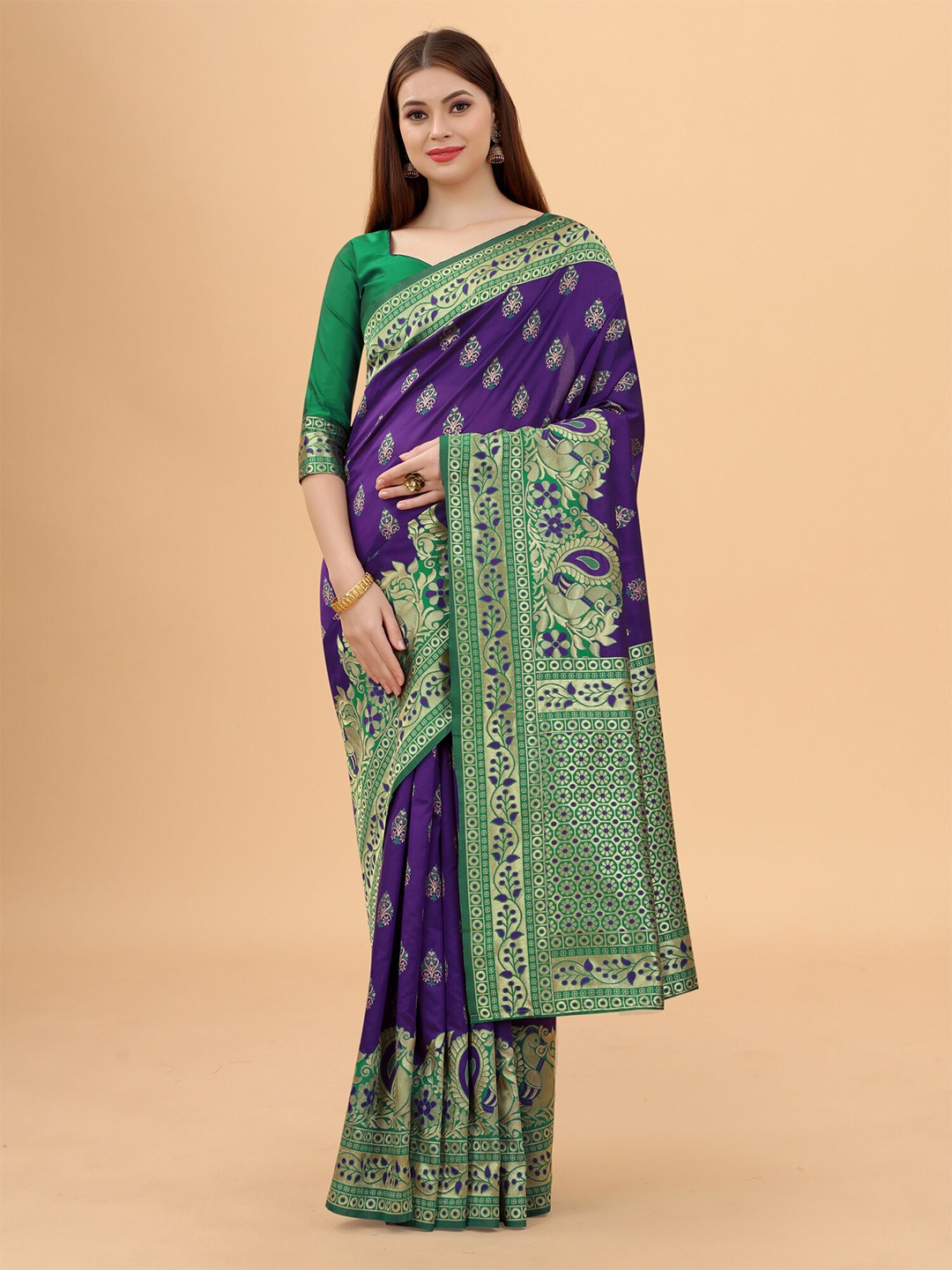 

WELL WORN Purple & Green Ethnic Motifs Zari Silk Cotton Banarasi Saree