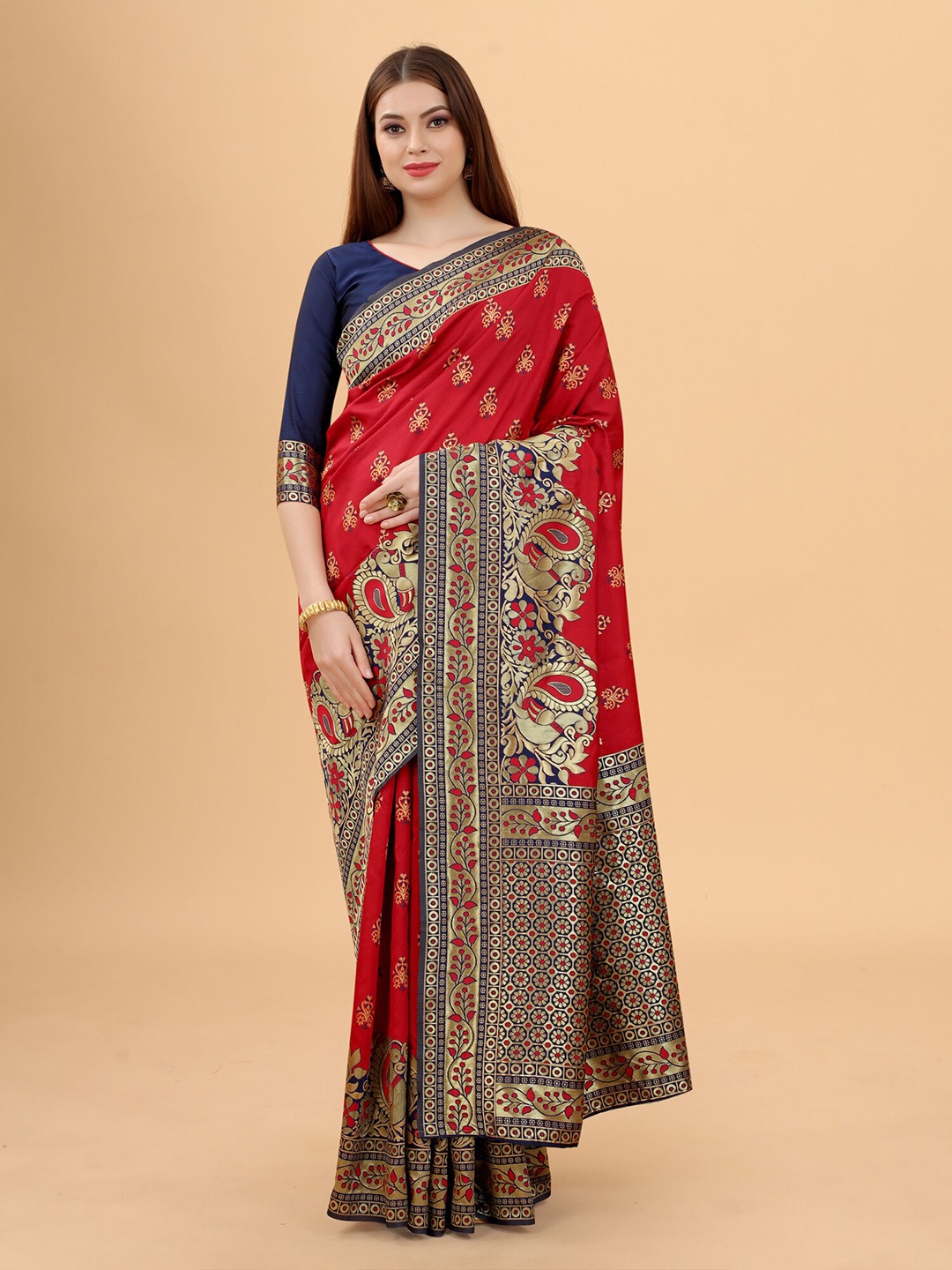 

WELL WORN Red & Navy Blue Woven Design Zari Silk Cotton Banarasi Saree