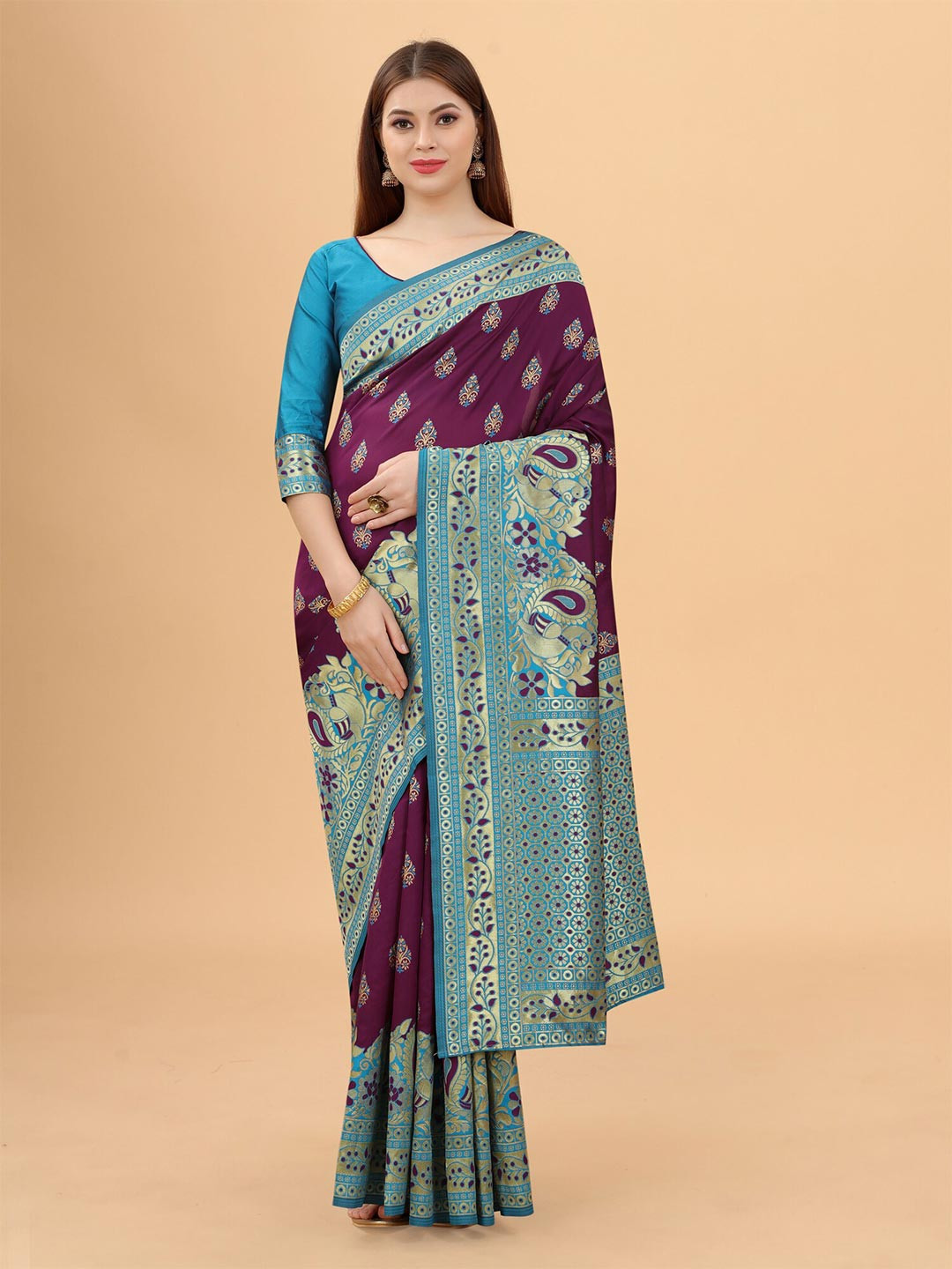 

WELL WORN Magenta & Blue Woven Design Zari Silk Cotton Banarasi Saree