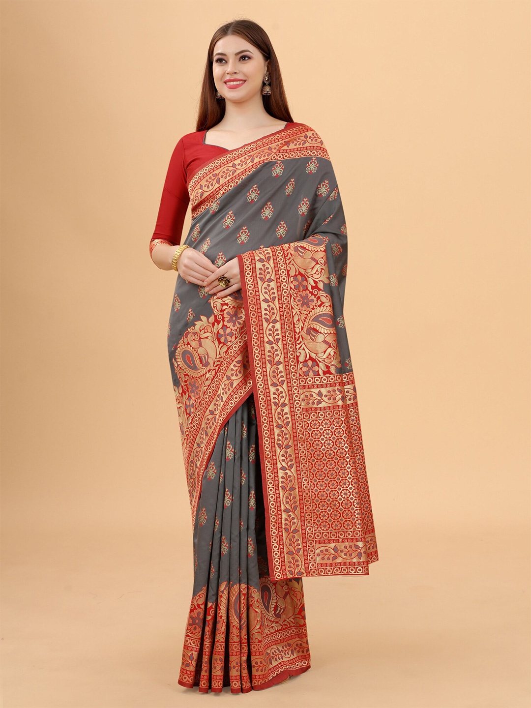 

WELL WORN Grey & Red Woven Design Zari Silk Cotton Banarasi Saree
