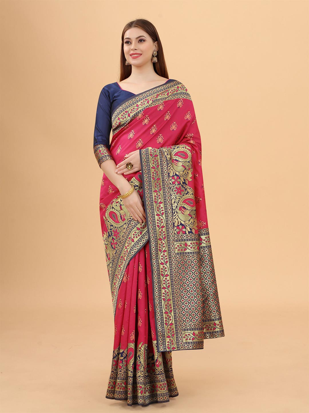 

WELL WORN Pink & Navy Blue Woven Design Zari Silk Cotton Banarasi Saree