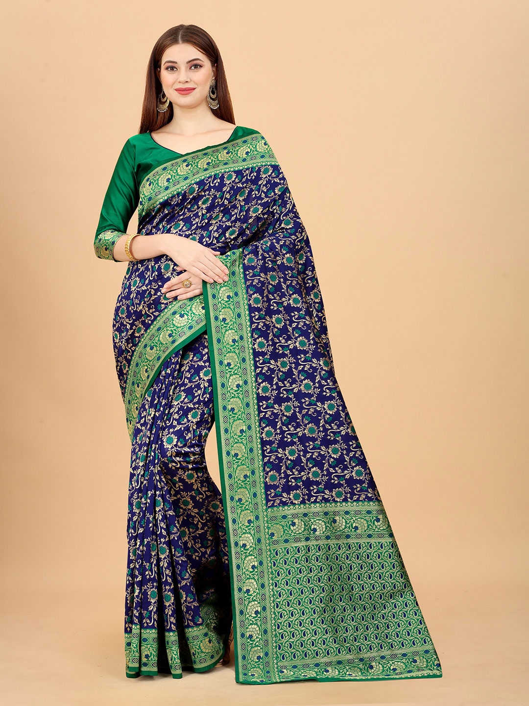

WELL WORN Blue & Green Woven Design Zari Silk Cotton Banarasi Saree