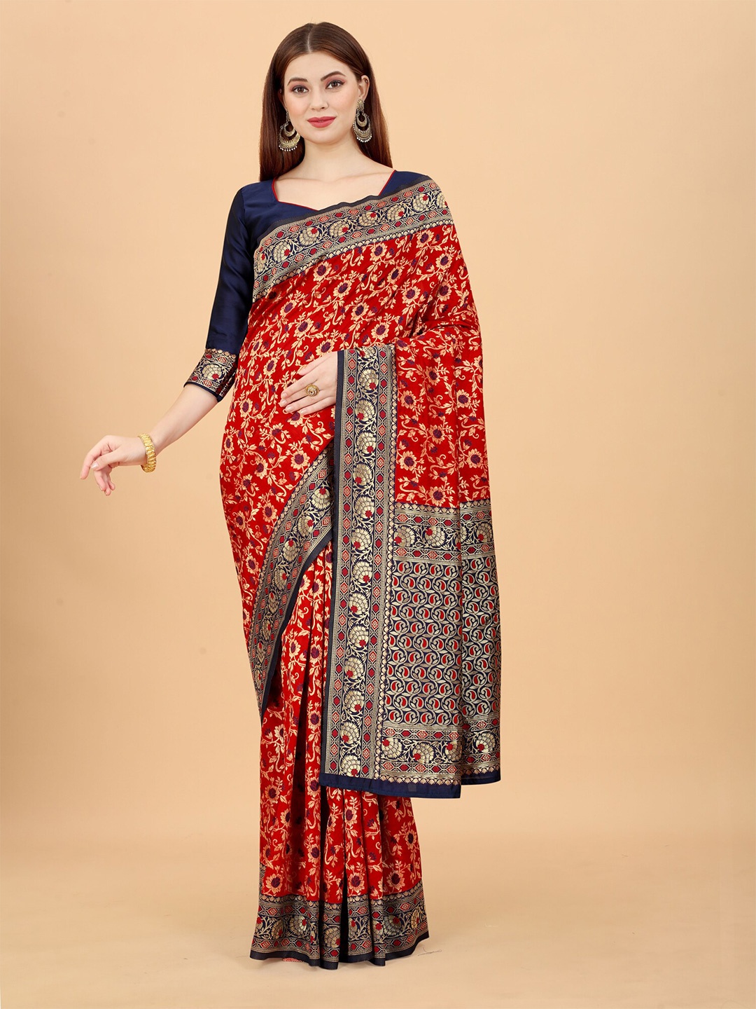 

WELL WORN Red & Navy Blue Woven Design Zari Silk Cotton Banarasi Saree