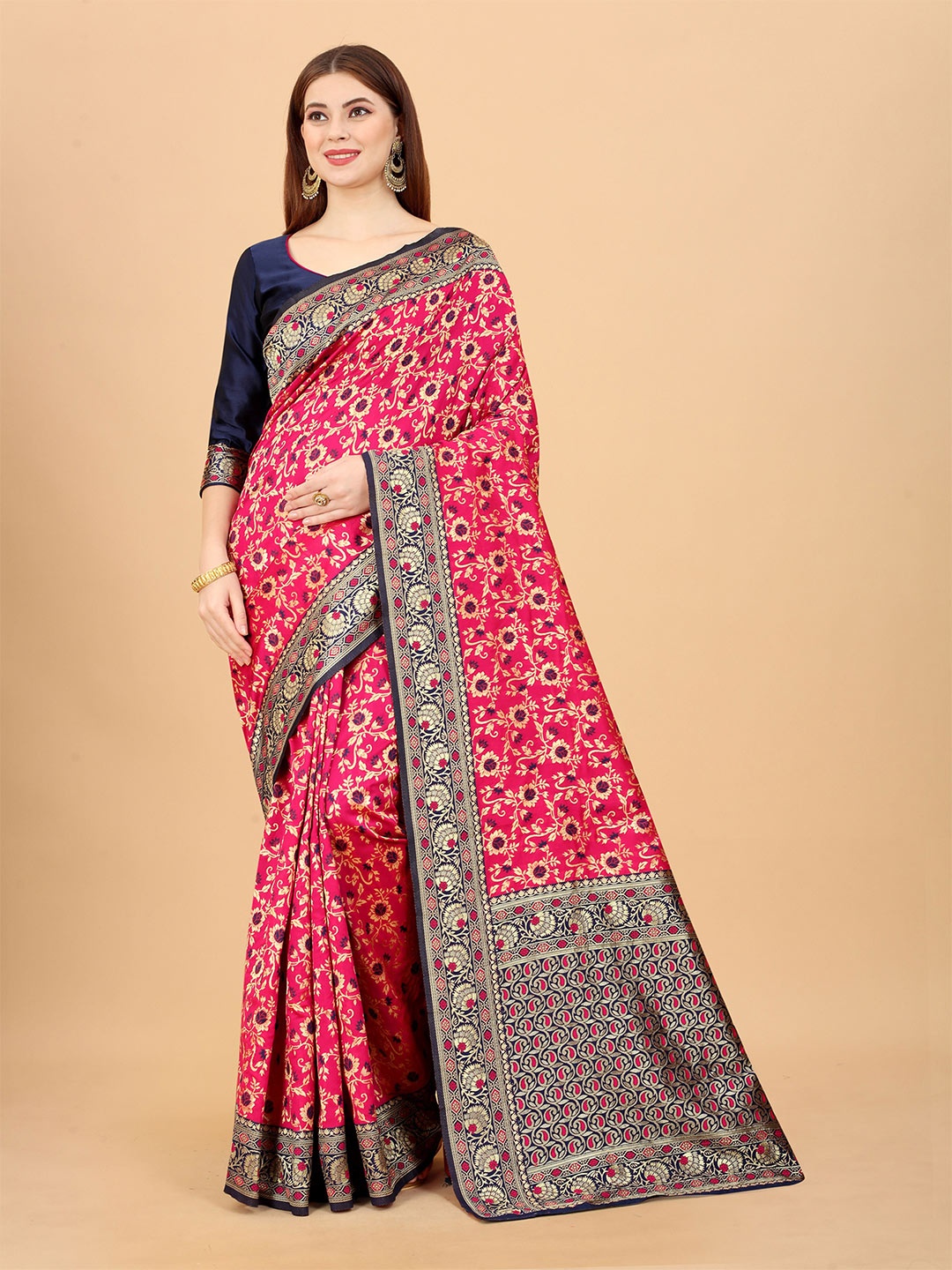 

WELL WORN Pink & Navy Blue Woven Design Zari Silk Cotton Banarasi Saree
