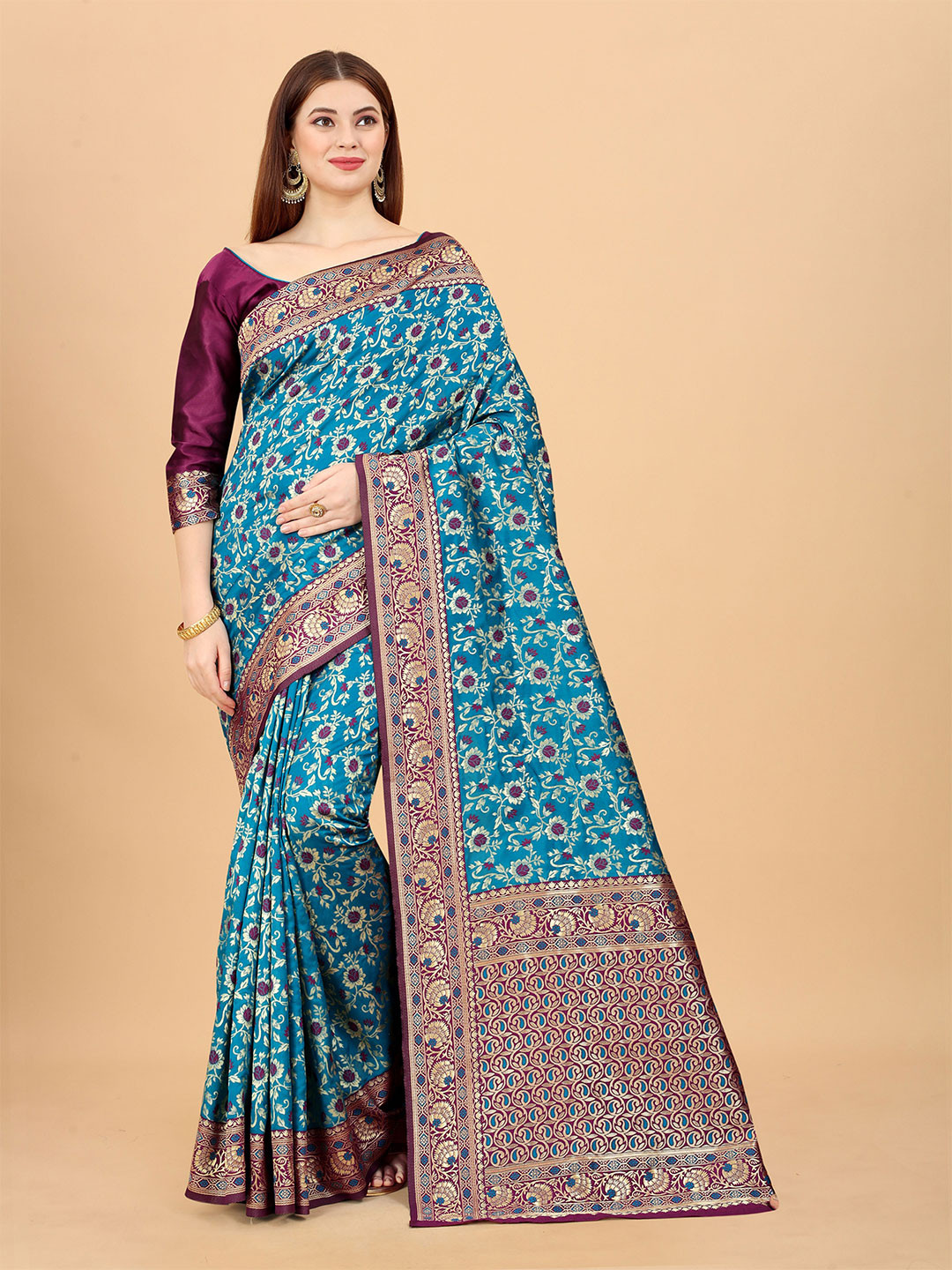 

WELL WORN Blue & Red Woven Design Zari Silk Cotton Banarasi Saree
