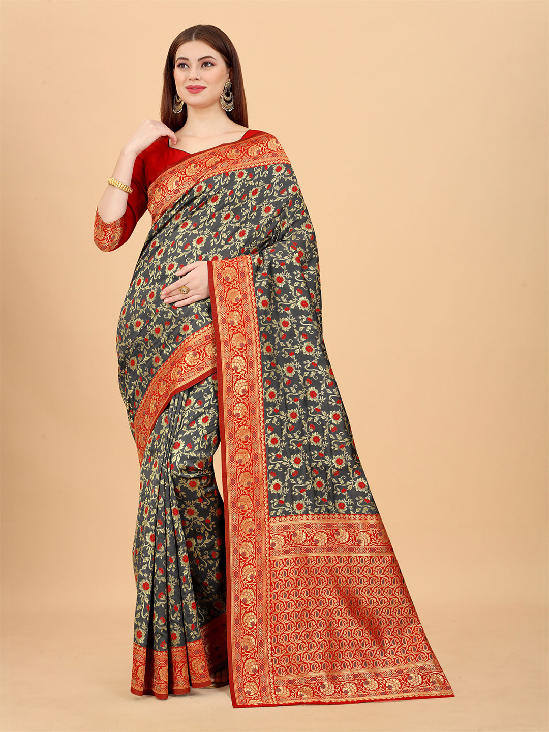 

WELL WORN Grey & Red Woven Design Zari Silk Cotton Banarasi Saree
