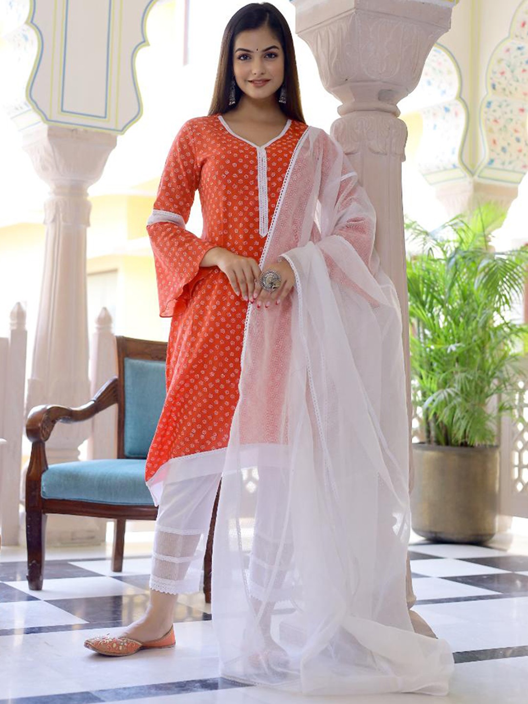 

Baisacrafts Women Orange Striped Empire Pure Cotton Kurta with Trousers & Dupatta