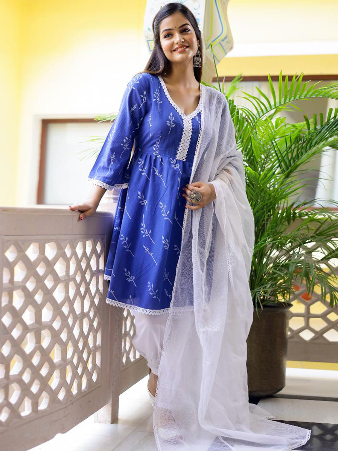 

Baisacrafts Women Blue Pure Cotton Kurta with Salwar & With Dupatta