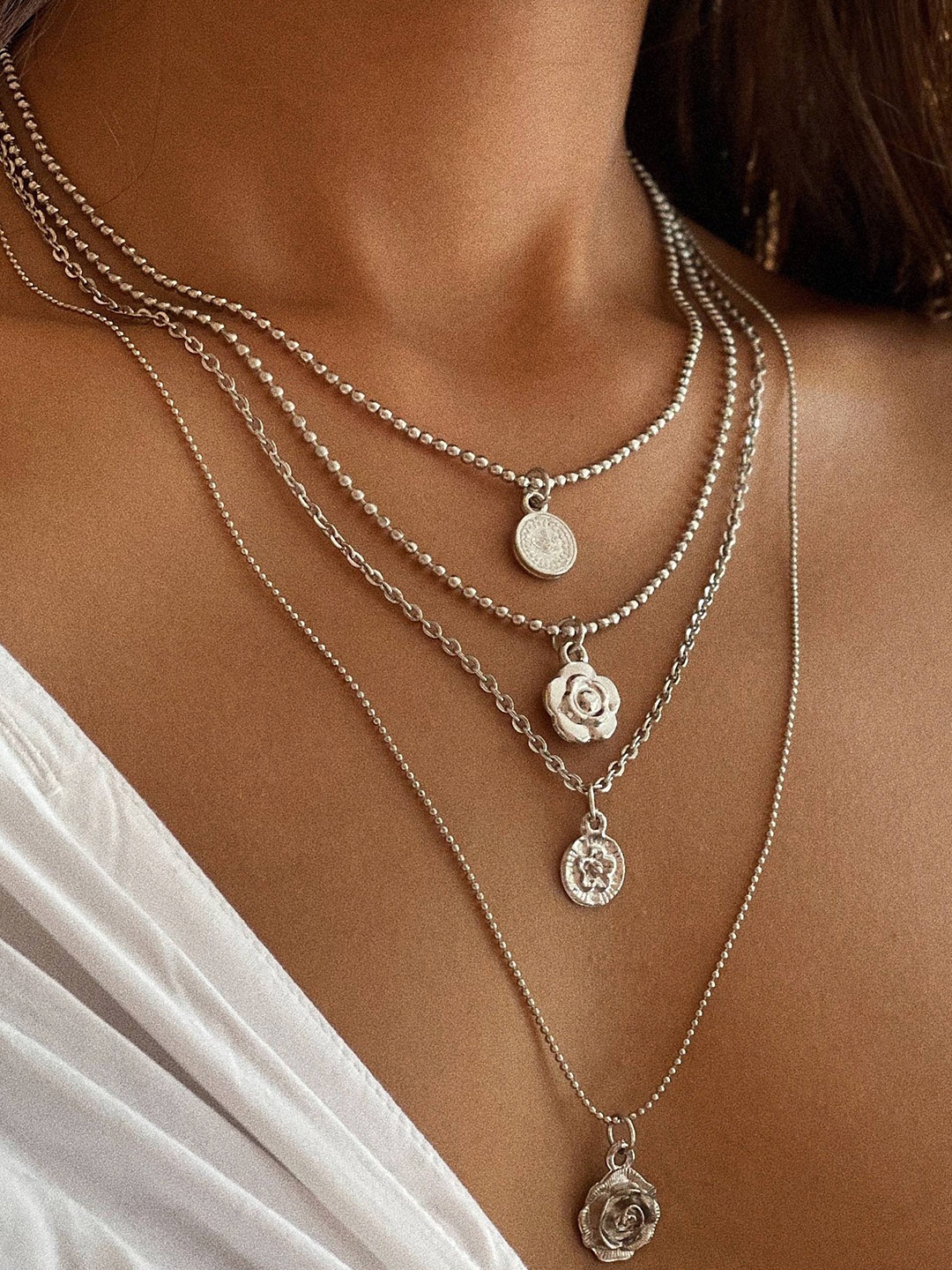 

Ayesha Women Flower Charm Layered Necklace, Silver