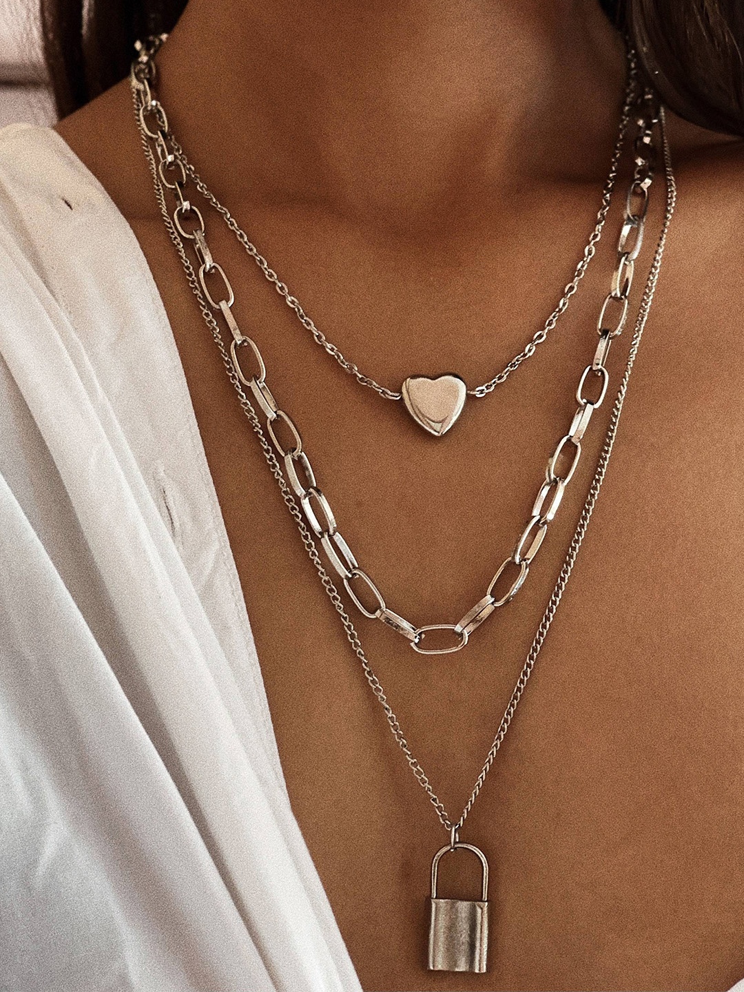 

Ayesha Heart & Lock Layered Necklace, Silver