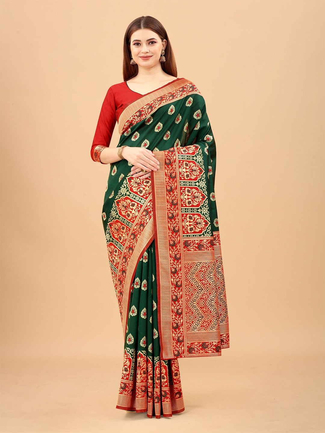 

WELL WORN Green & Red Woven Design Zari Silk Cotton Banarasi Saree