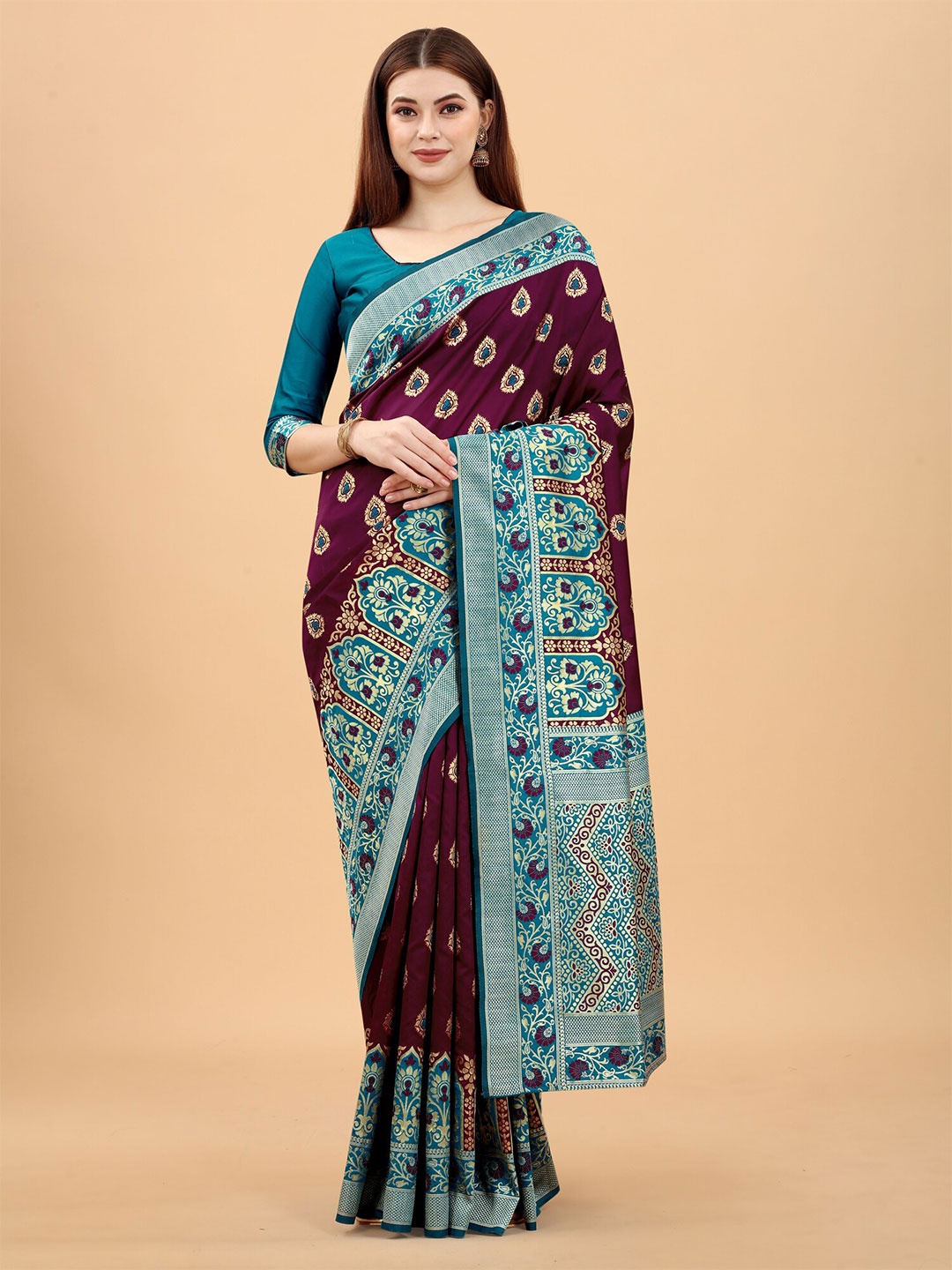

WELL WORN Purple & Blue Woven Design Silk Cotton Banarasi Saree