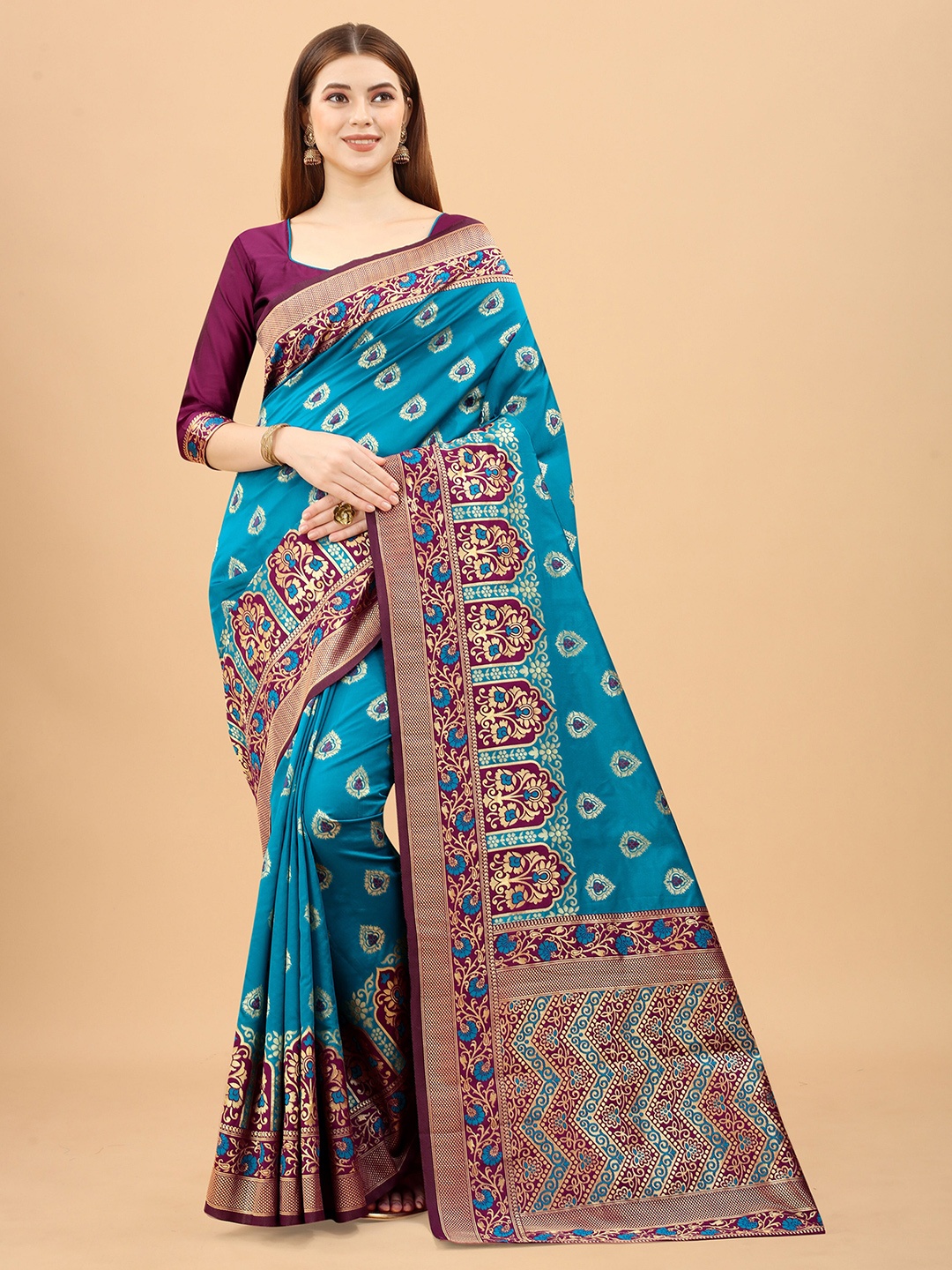 

WELL WORN Blue & Purple Woven Design Zari Silk Cotton Banarasi Saree