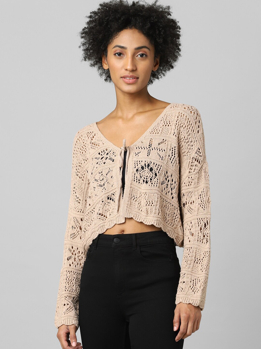 

ONLY Women Beige Crop Tie-Up Shrug