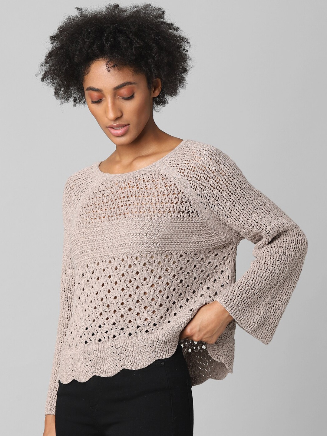 

ONLY Brown Round Neck Raglan sleeves Self Design Top