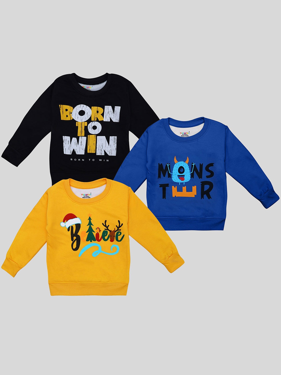 

KUCHIPOO Kids Pack of 3 Mustard Yellow & Blue Printed Fleece Sweatshirts