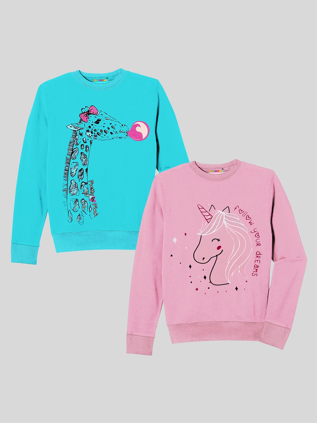 

KUCHIPOO Girls Pack of 2 Turquoise Blue Printed Fleece Sweatshirts