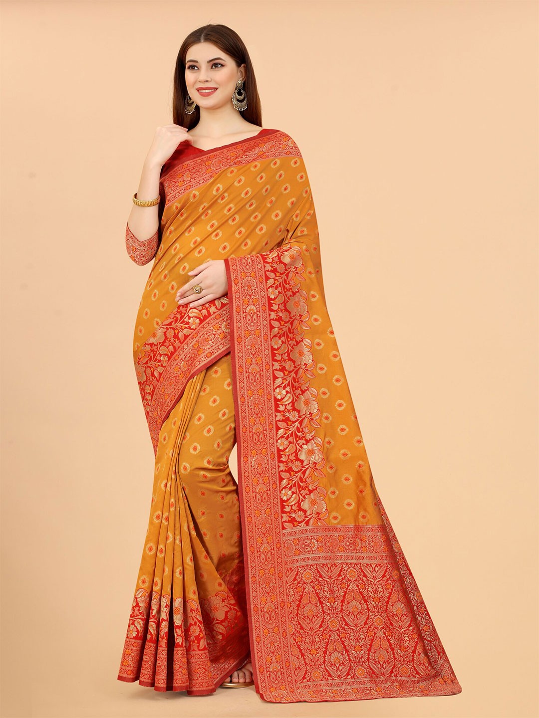 

WELL WORN Gold-Toned & Red Woven Design Zari Silk Cotton Banarasi Saree