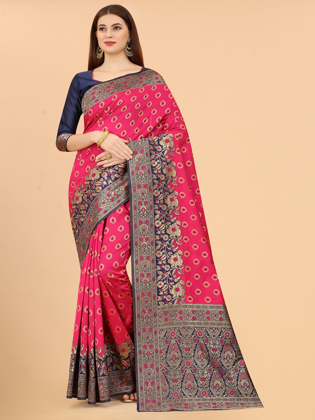 

WELL WORN Pink & Blue Woven Design Zari Silk Cotton Banarasi Saree