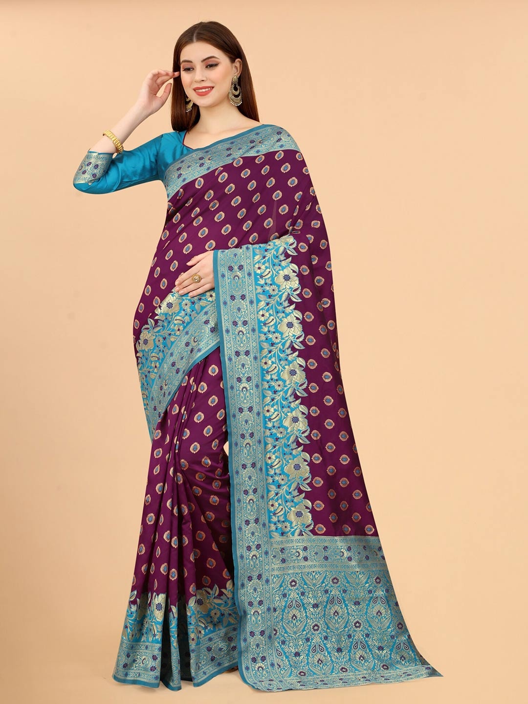 

WELL WORN Burgundy & Blue Woven Design Zari Silk Cotton Banarasi Saree