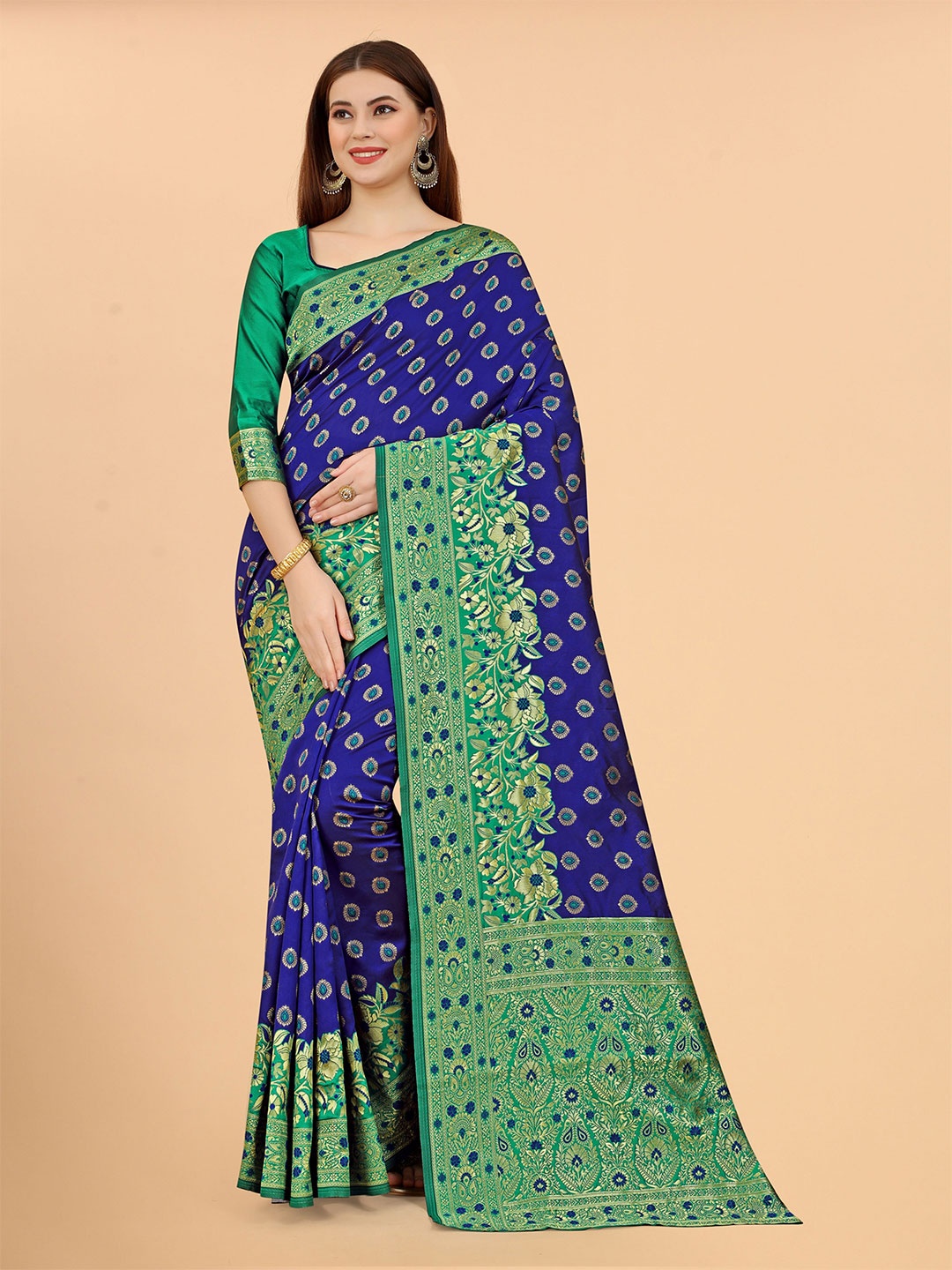 

WELL WORN Women Blue & Green Woven Design Zari Silk Cotton Banarasi Saree