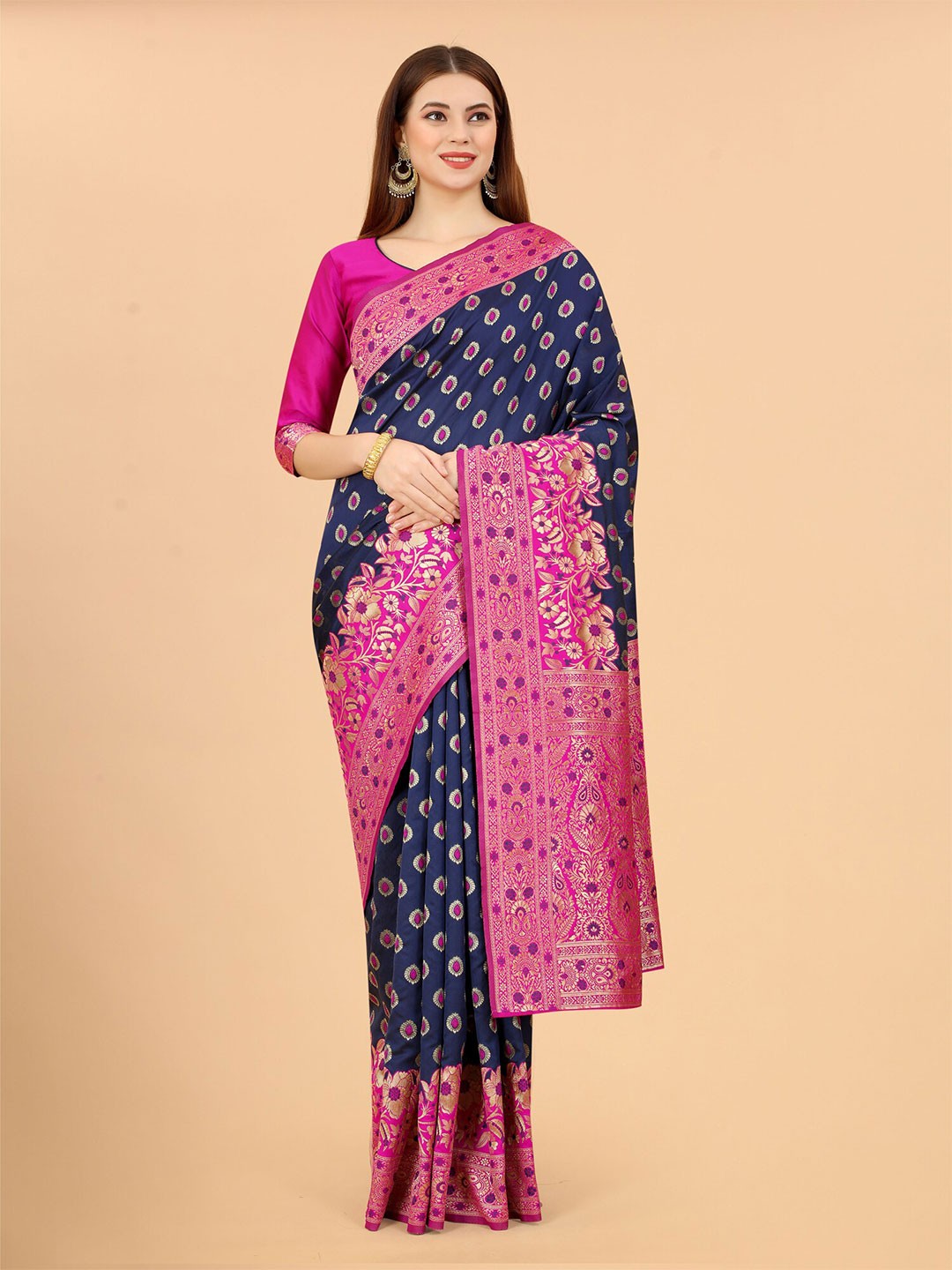 

WELL WORN Navy Blue & Pink Woven Design Zari Silk Cotton Banarasi Saree