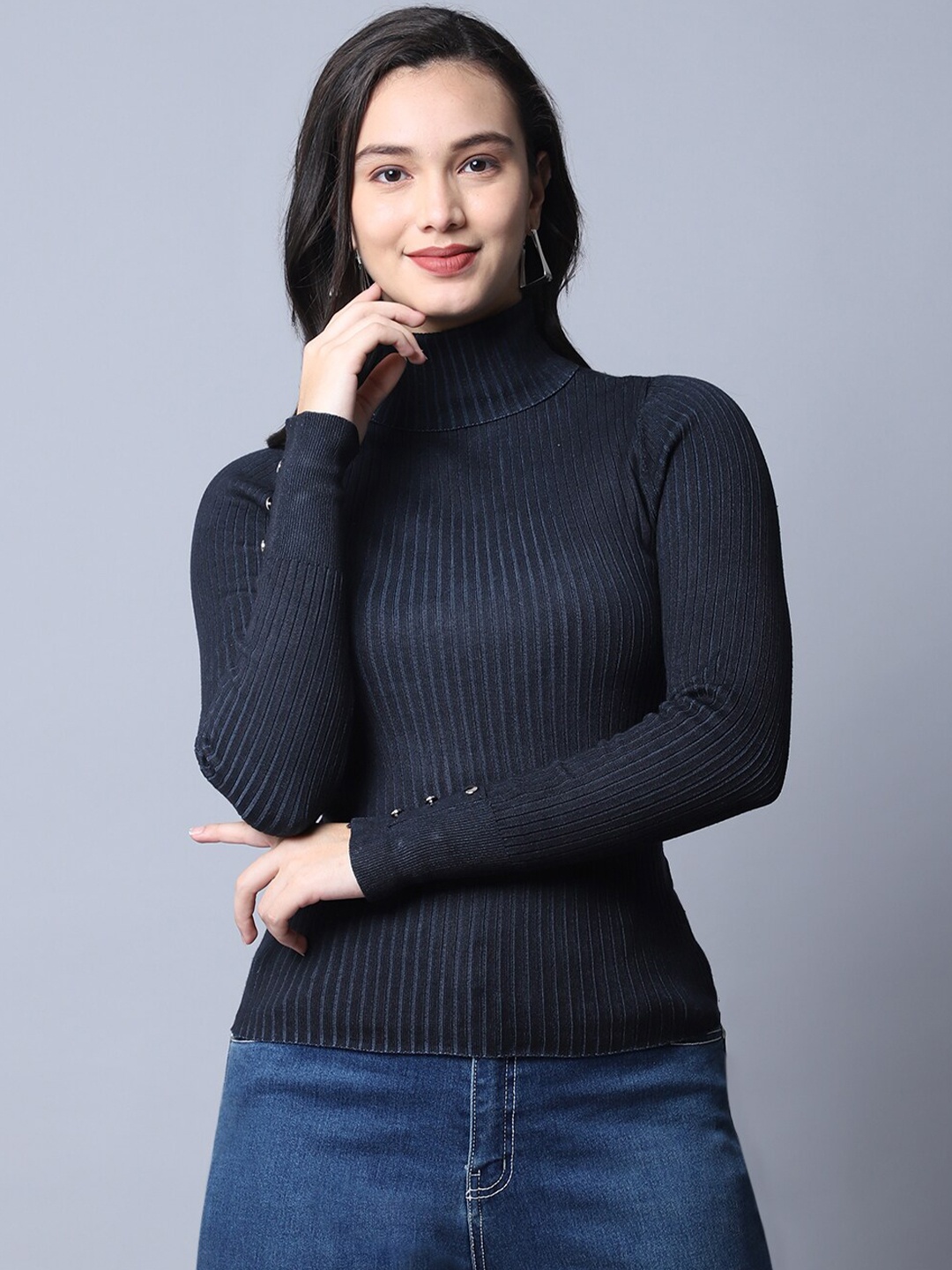 

TAG 7 Women Black Acrylic Fitted Top