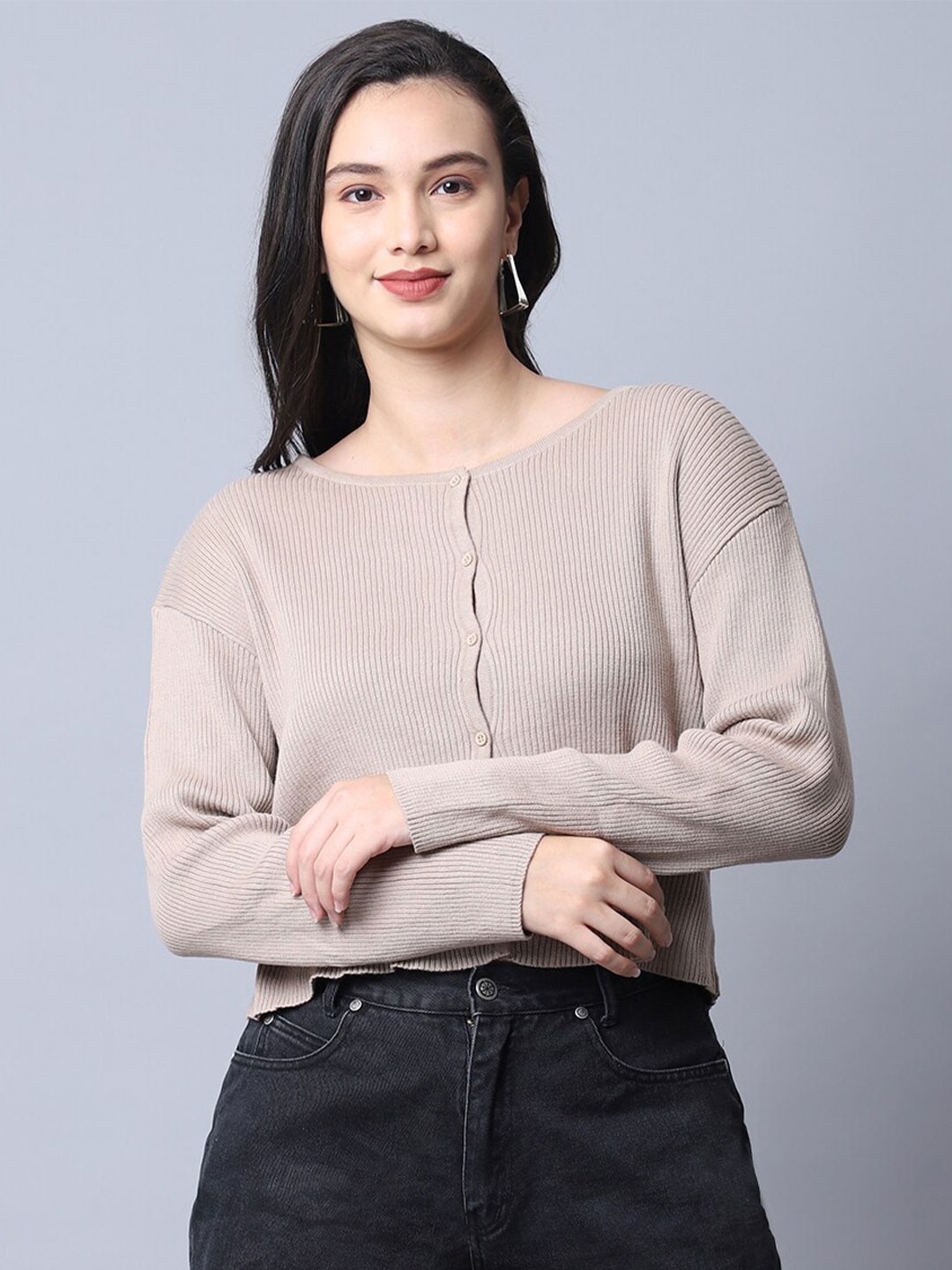 

TAG 7 Nude-Coloured Solid Ribbed Crop Top
