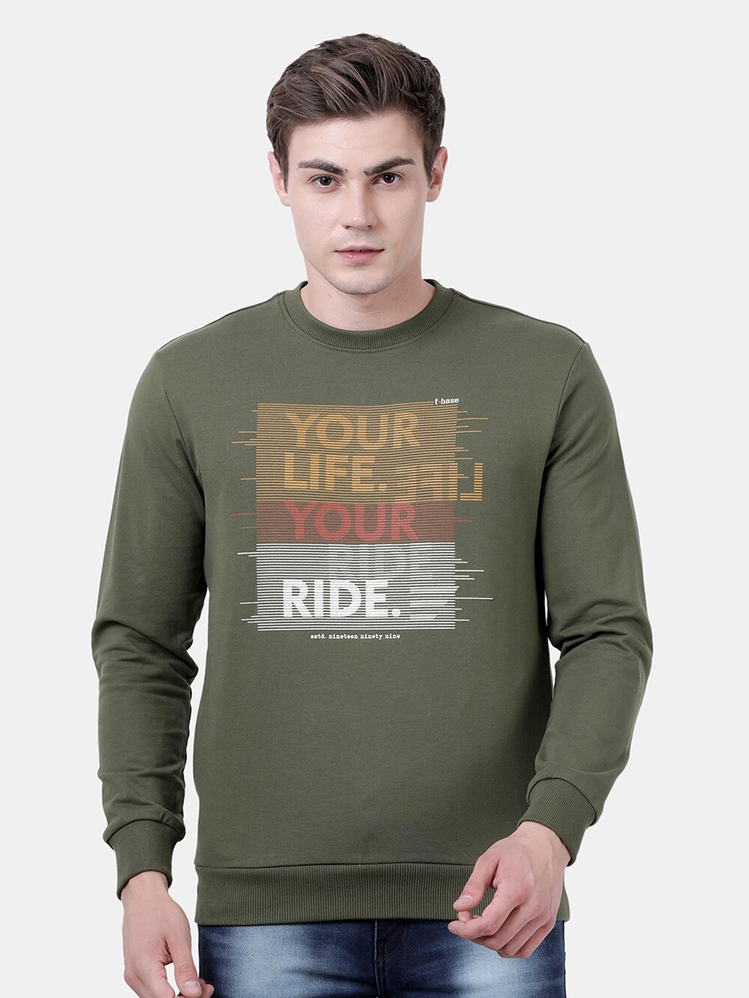 

t-base Men Olive Green Printed Sweatshirt