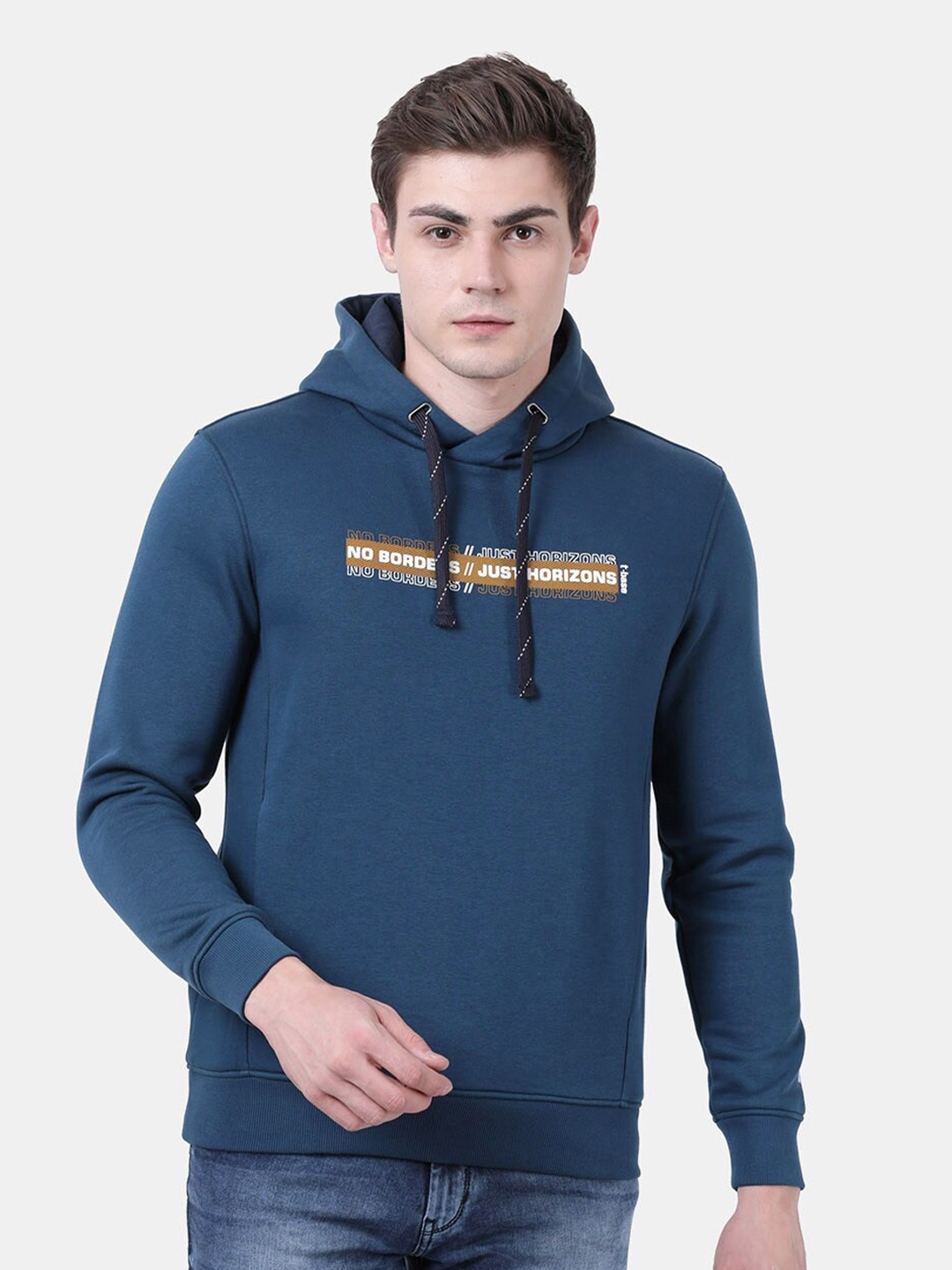 

t-base Men Blue Printed Hooded Sweatshirt