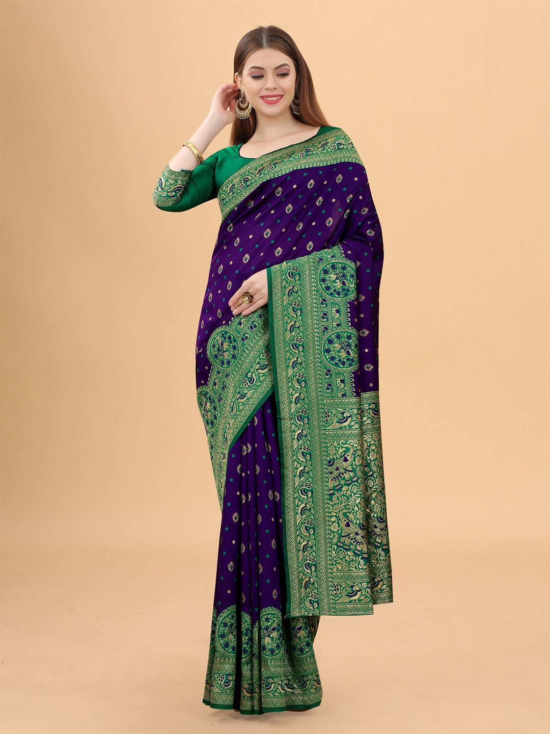 

WELL WORN Purple & Green Woven Design Zari Silk Cotton Banarasi Saree