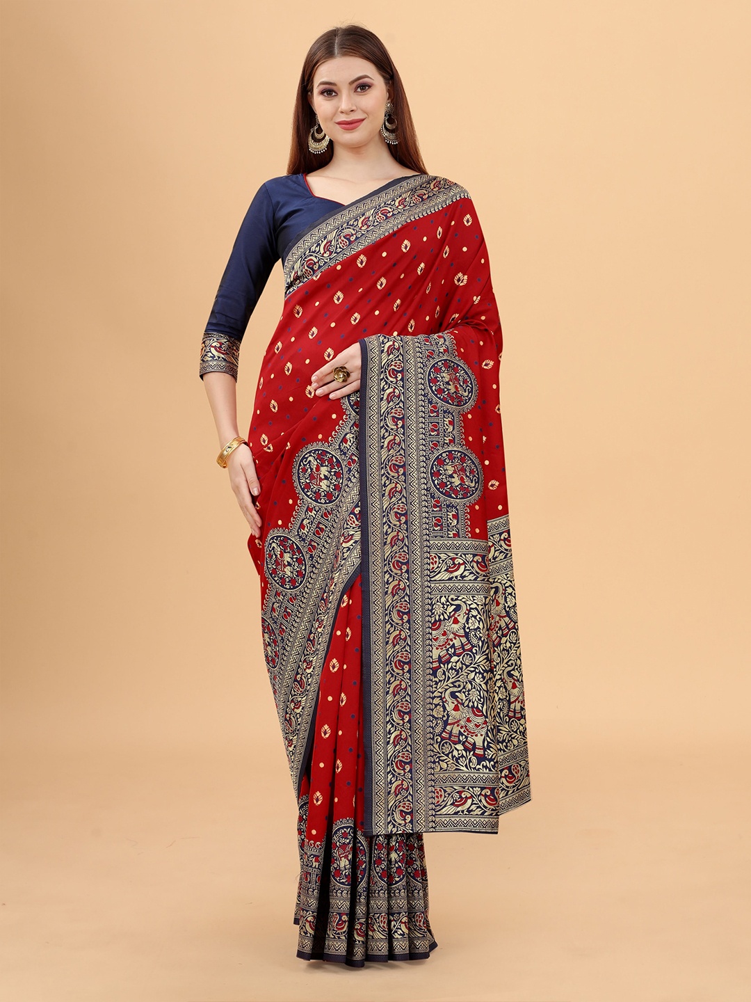 

WELL WORN Red & Gold-Toned Woven Design Zari Silk Cotton Banarasi Saree
