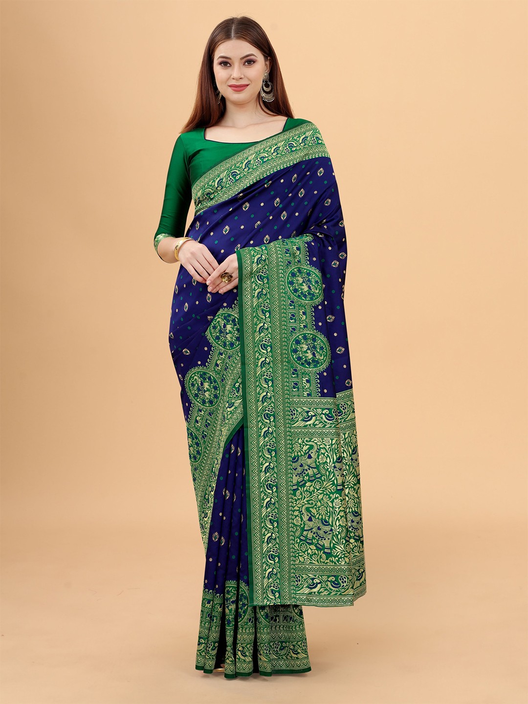 

WELL WORN Navy Blue & Green Woven Design Zari Silk Cotton Banarasi Saree